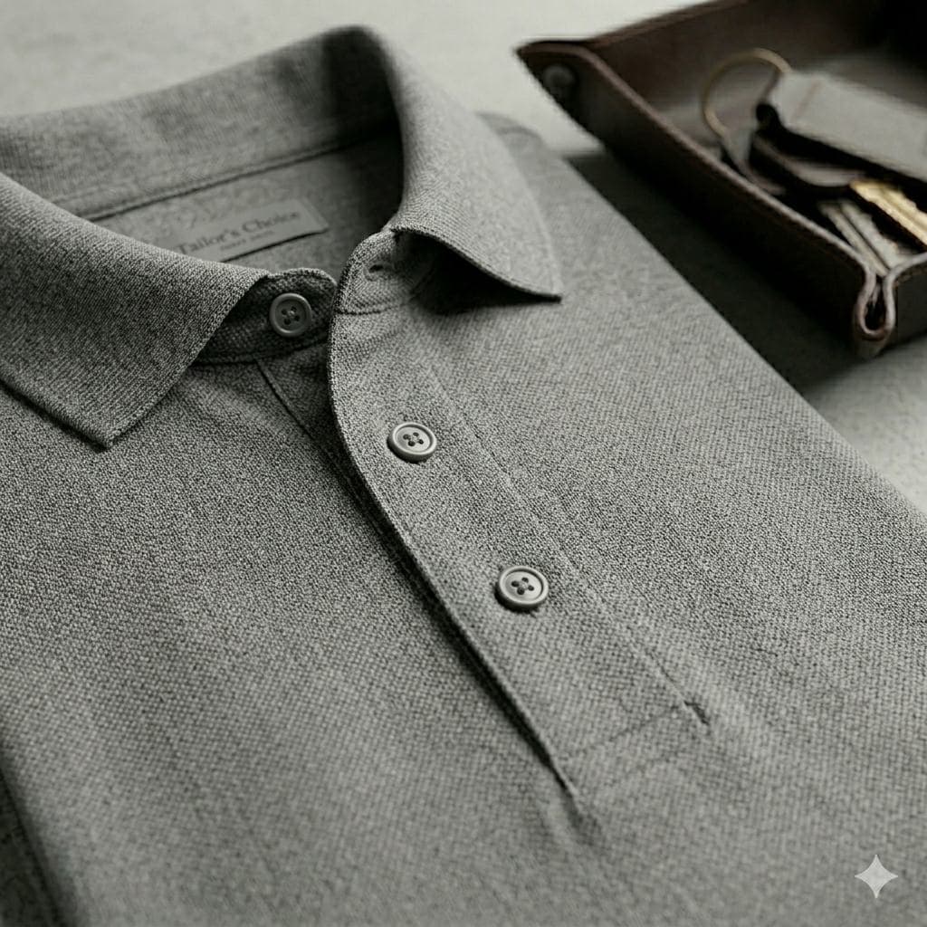 Grey polo shirt collar detail
